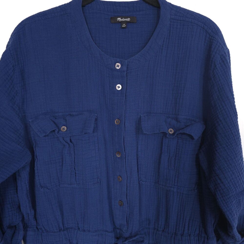 MADEWEL Blue 100% Cotton Jumpsuit Utility Button Front Pockets Women's 14 - Picture 9 of 15